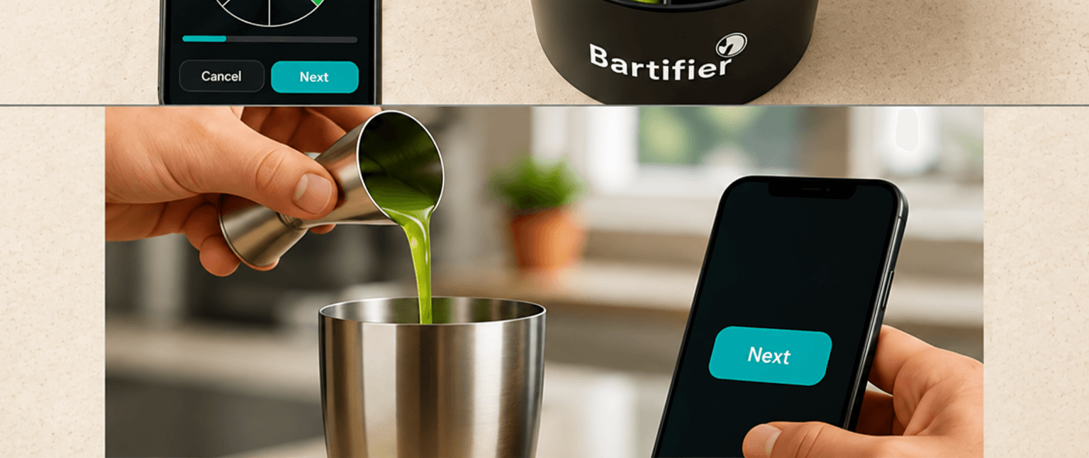 Measured green ingredient being poured while the app displays Next
