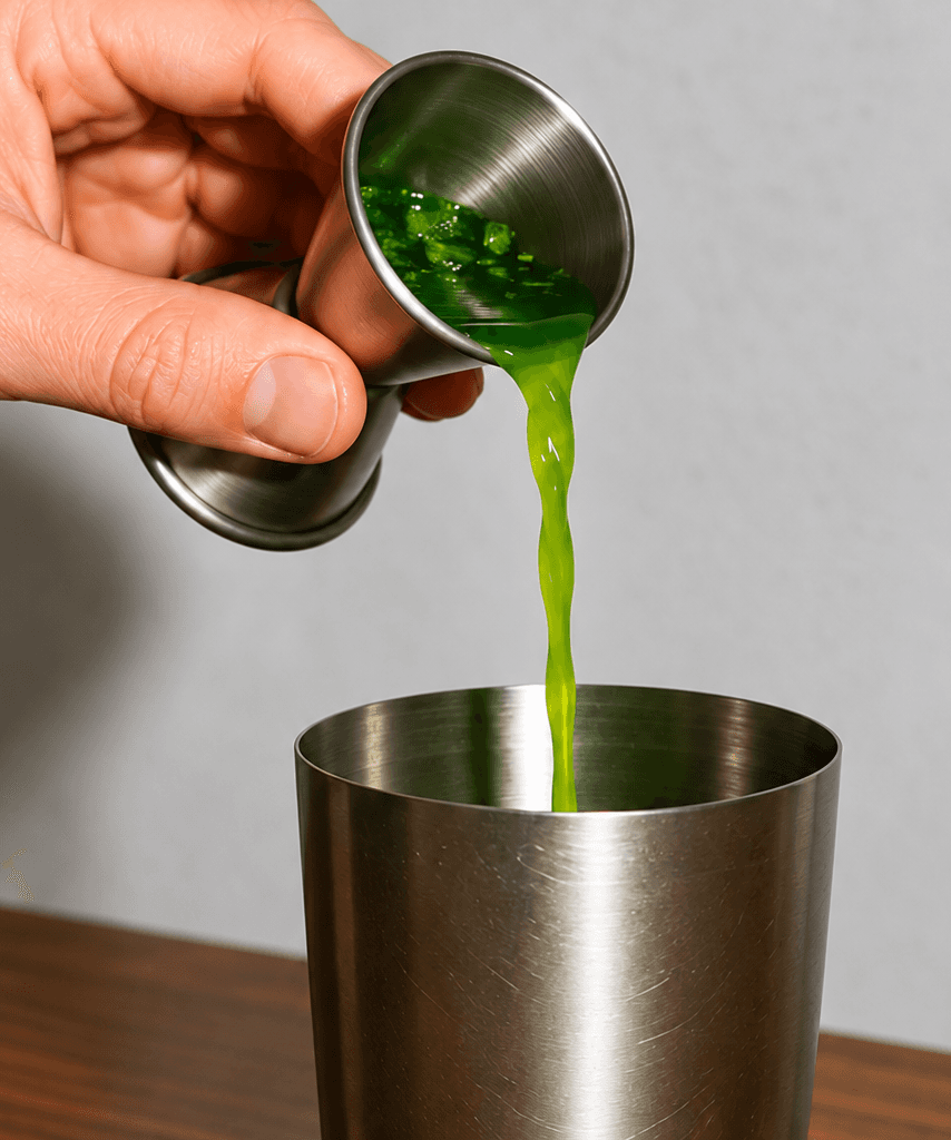 A green ingredient being poured into a metal mixing container