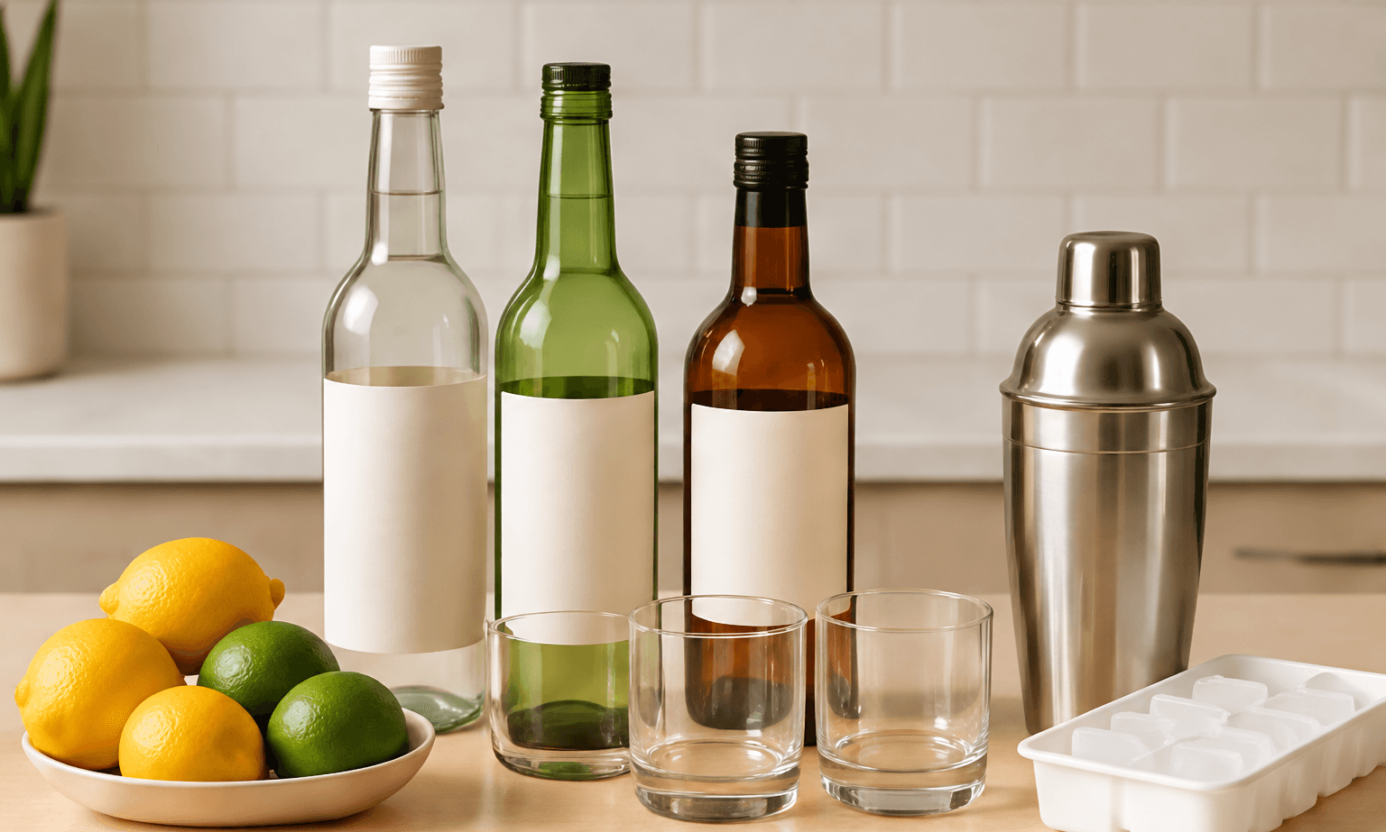 Bottles, citrus, glasses and cocktail supplies arranged on a kitchen counter