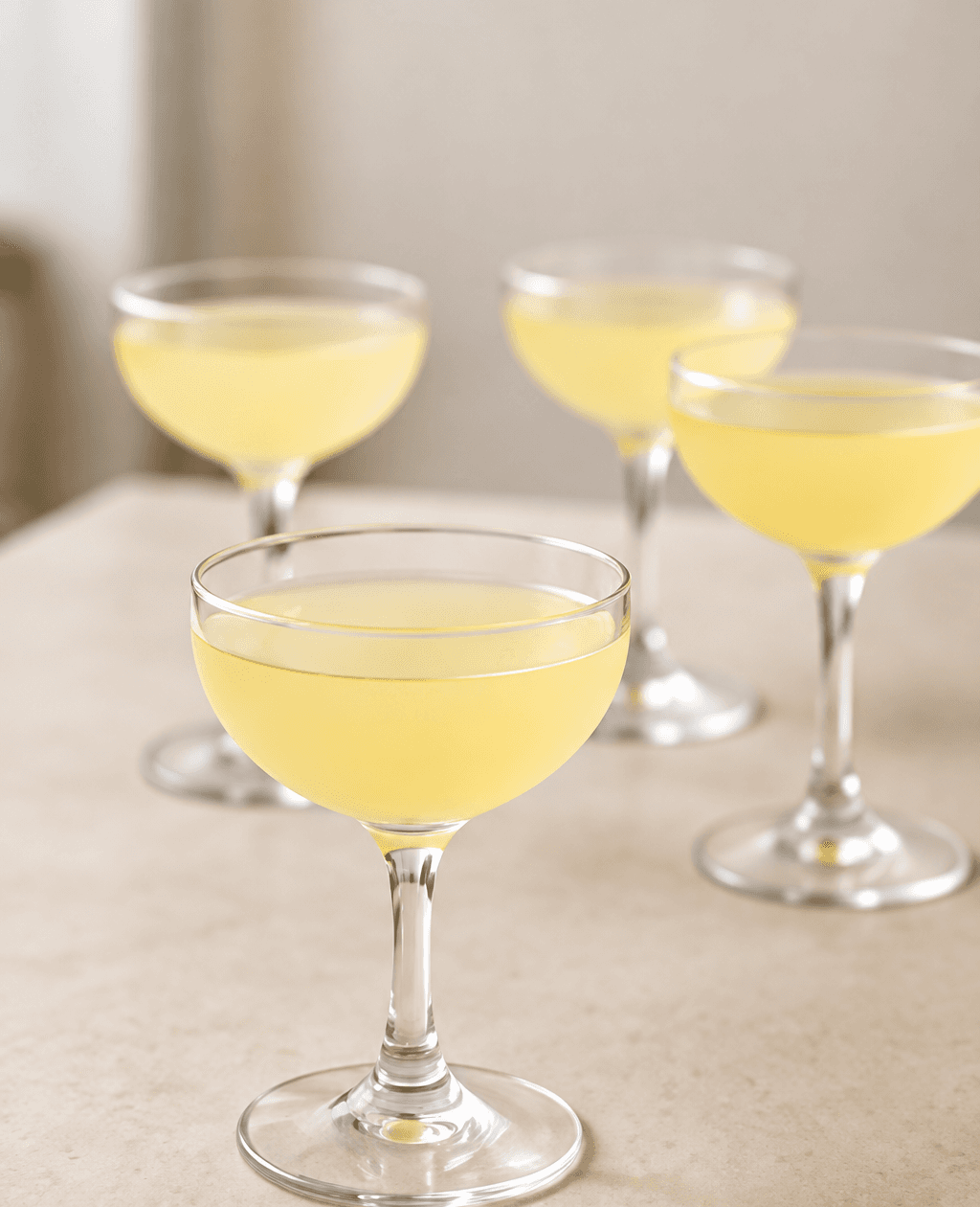 Several pale yellow cocktails served in coupe glasses