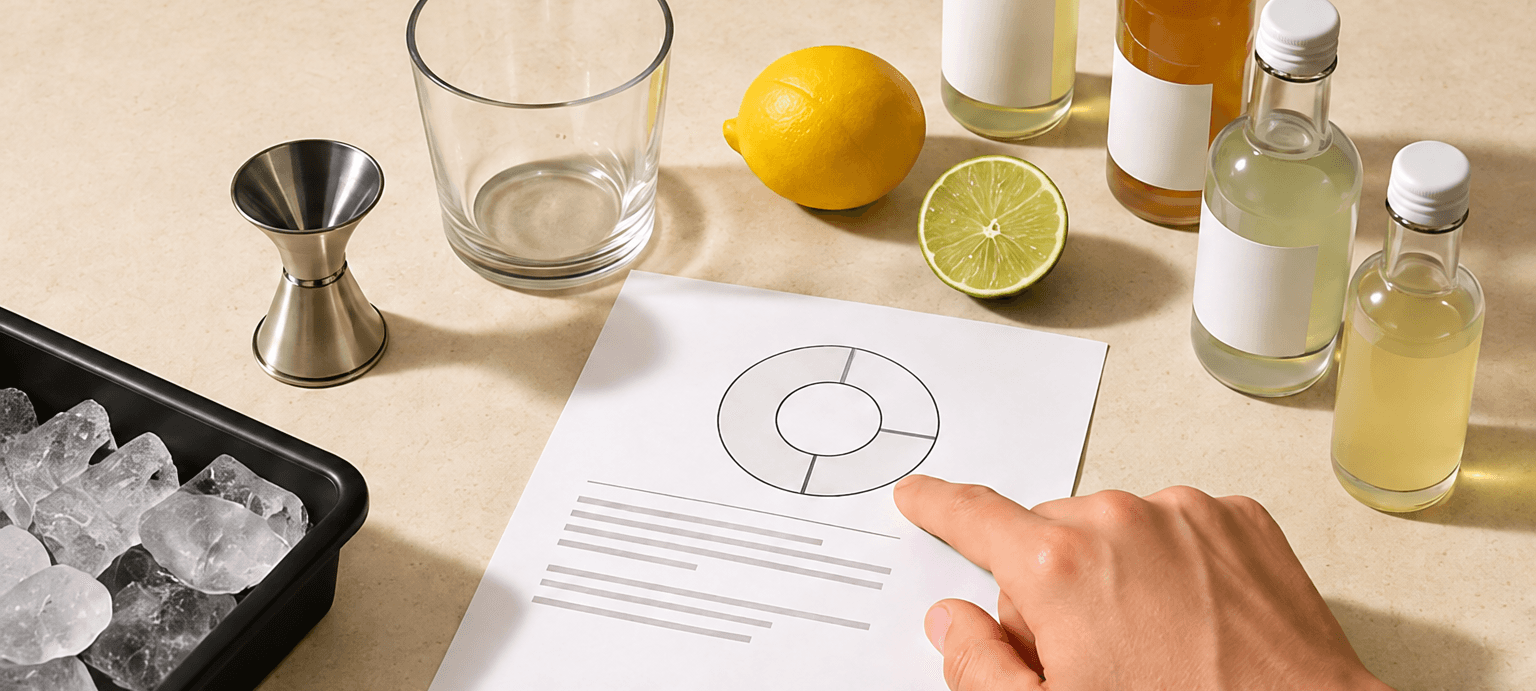Cocktail ingredients, a measuring tool and a recipe diagram on a counter
