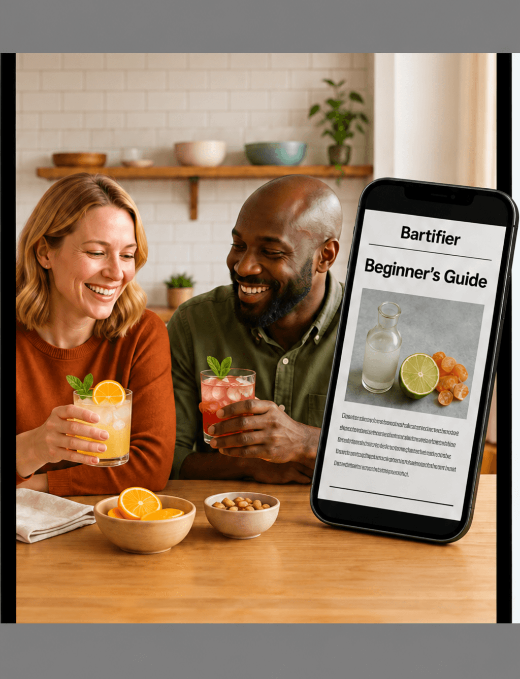 Two people enjoying drinks at home beside a phone displaying a guide
