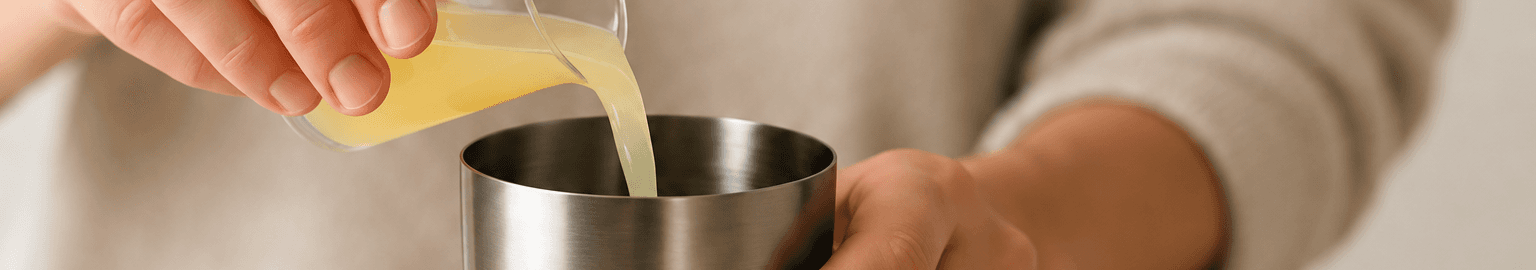 An ingredient being measured into a metal cocktail container