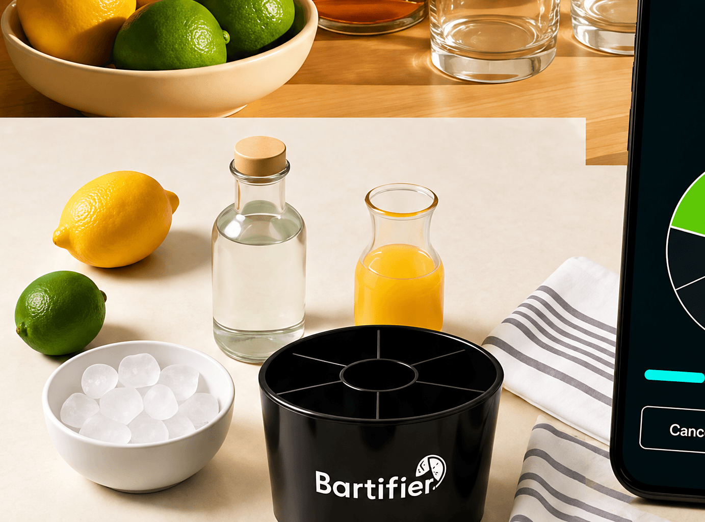 Lemon, lime, ice, mixers and Bartifier