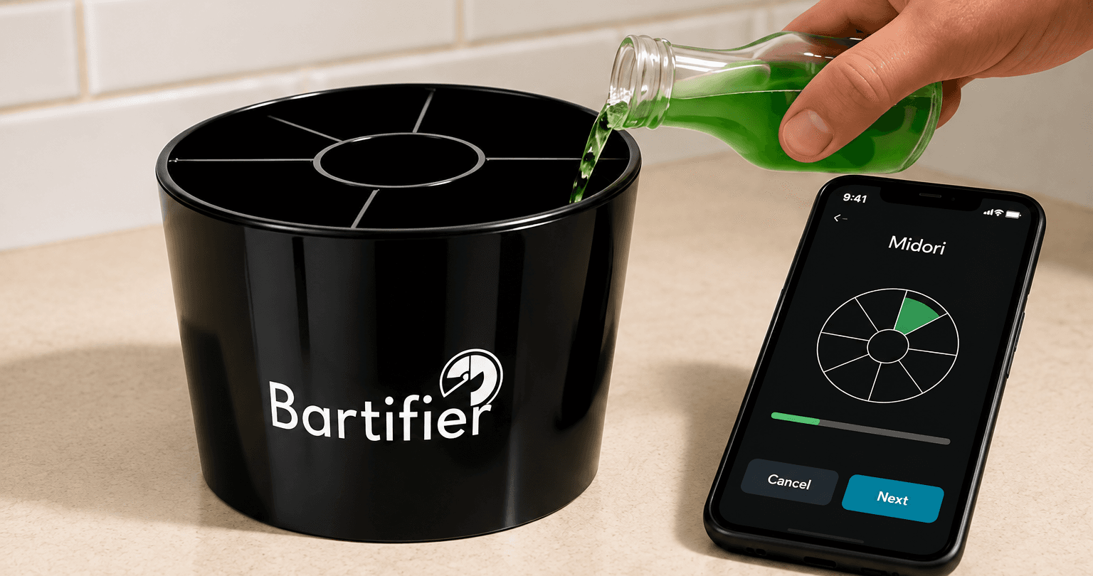 A manual cocktail recipe and measuring tools