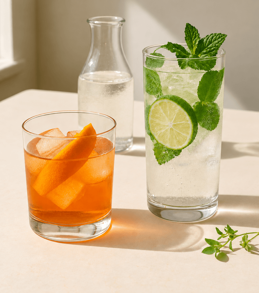 An orange cocktail and a clear mint and lime drink on a sunlit table