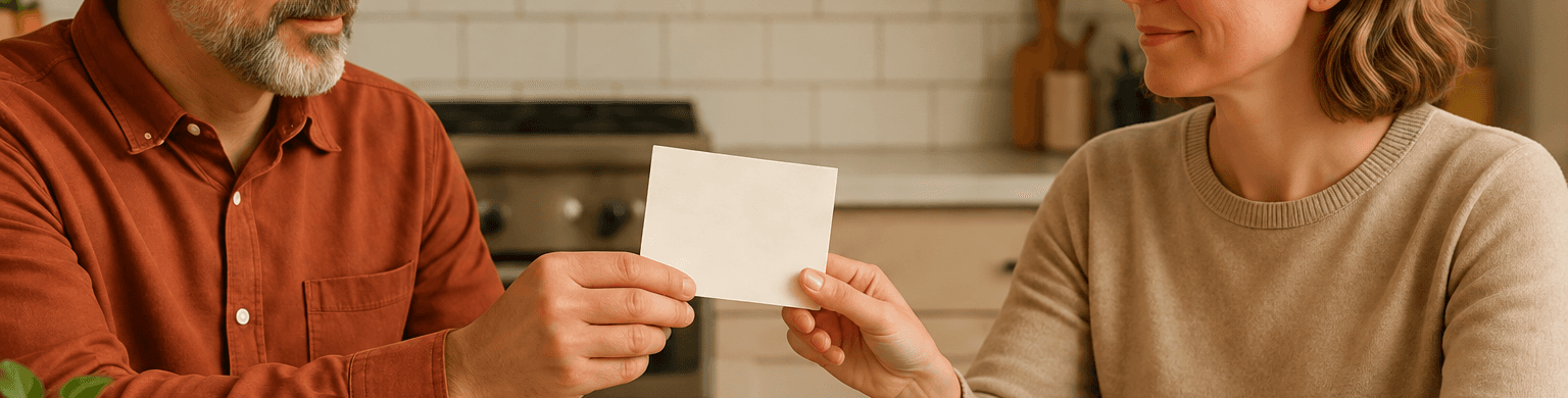 Two people exchanging a small gift card at a kitchen table
