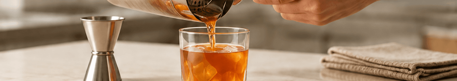 A finished drink being strained and poured