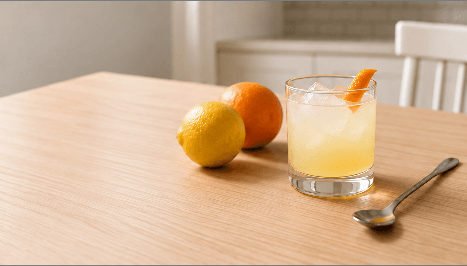 A finished citrus drink beside fresh fruit