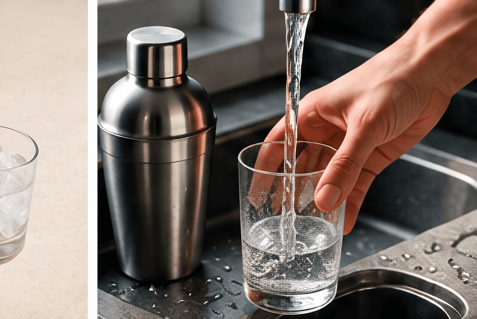 A cocktail shaker and glass being rinsed