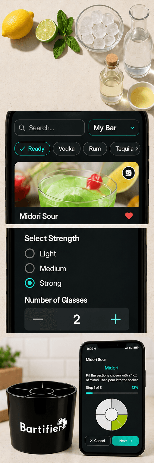 Ingredients, app choices and Bartifier guidance arranged vertically