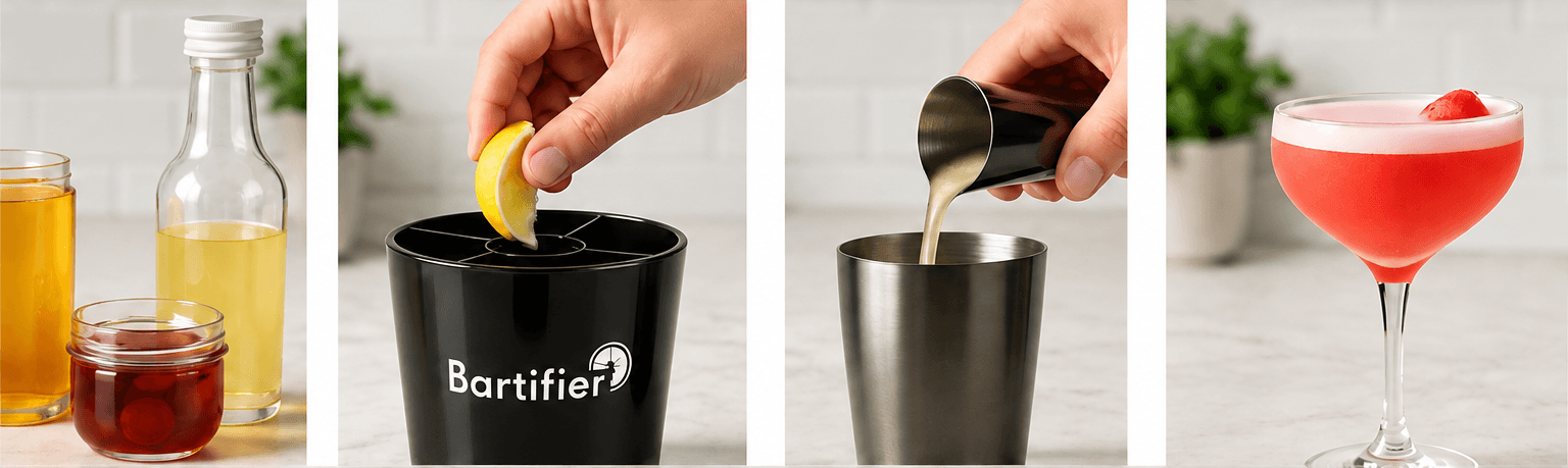 Four stages of choosing, measuring, pouring and finishing a drink
