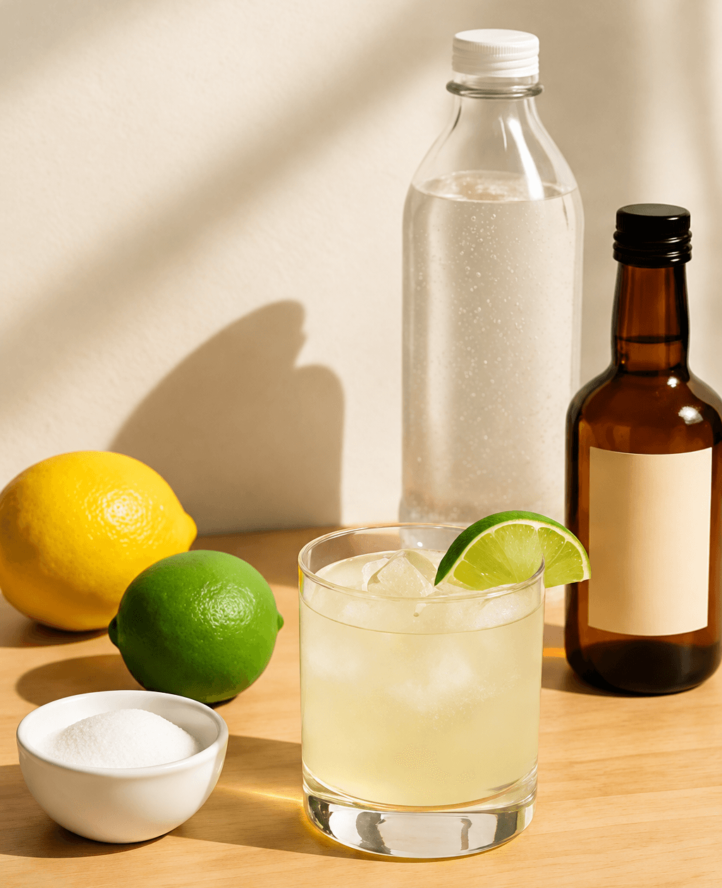 Citrus, bottles and a finished drink on a kitchen counter