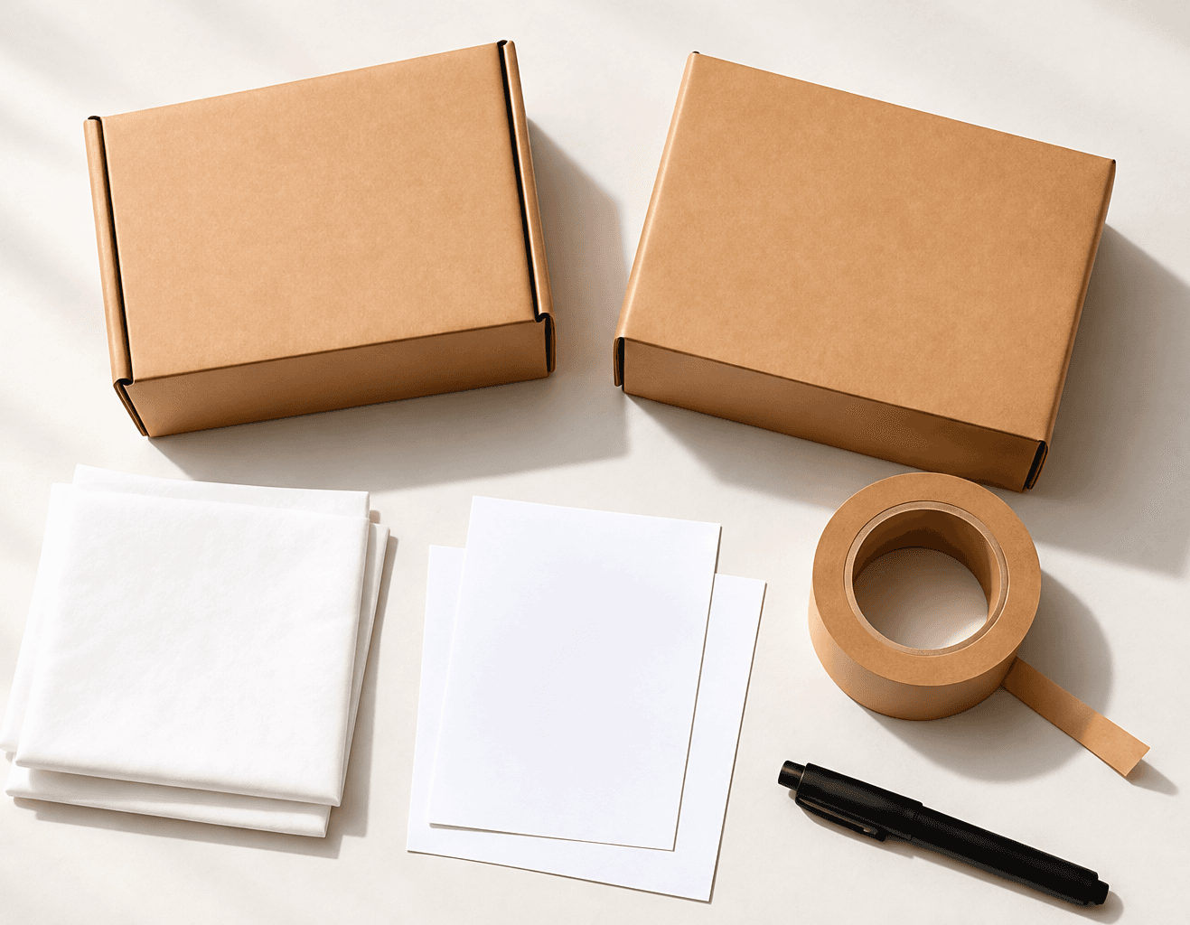 Packaging boxes, paper, tape and a pen arranged for shipping