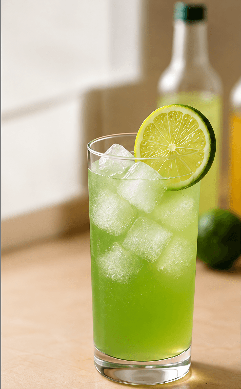 Tall green cocktail with ice and lime