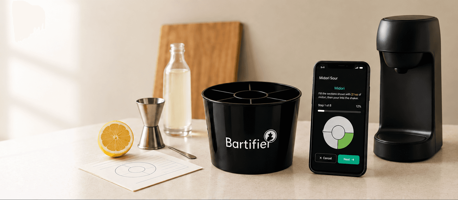 A recipe, Bartifier with its app, and a cocktail machine arranged for comparison