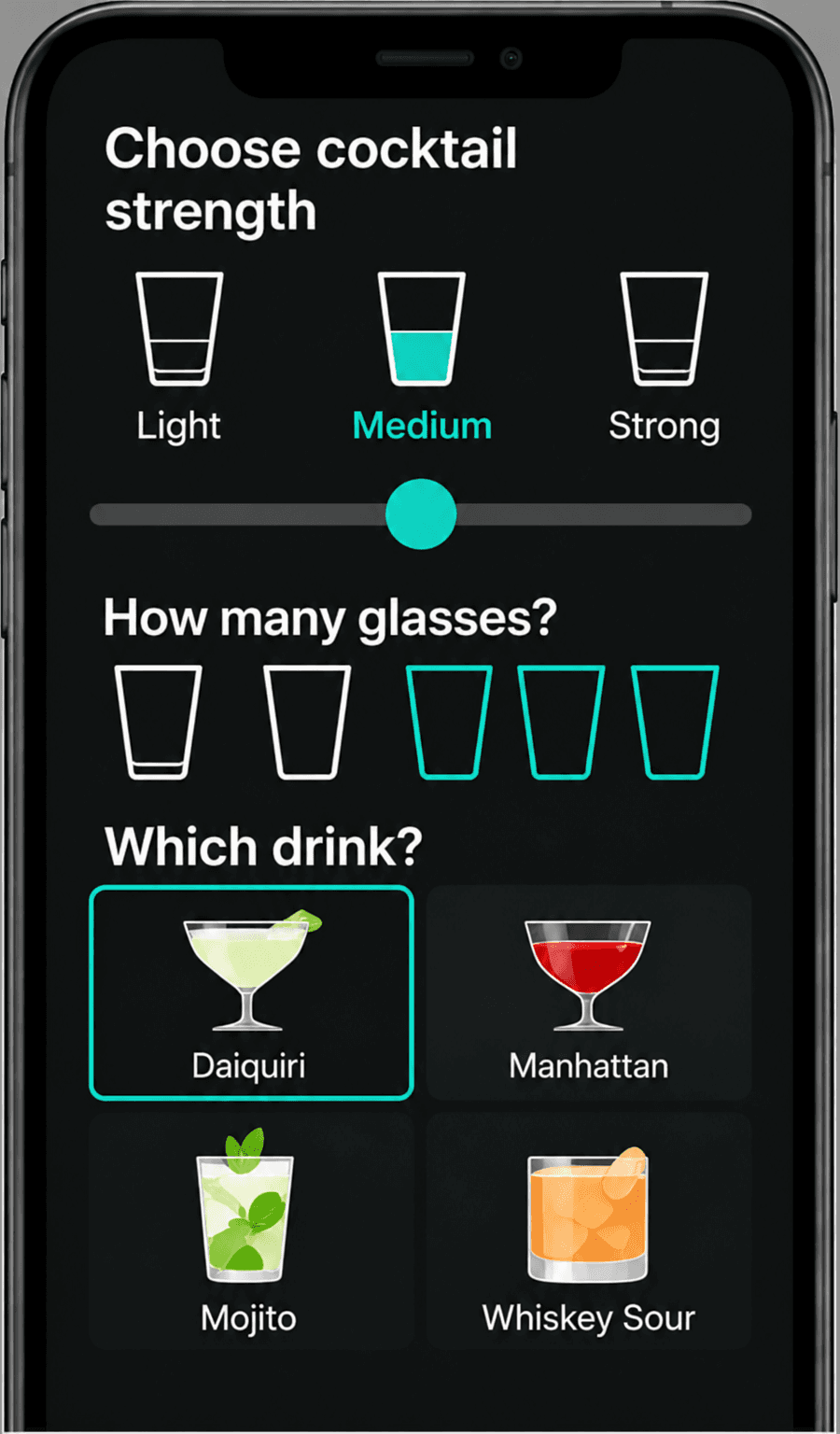Bartifier app showing strength, glass count and drink choices