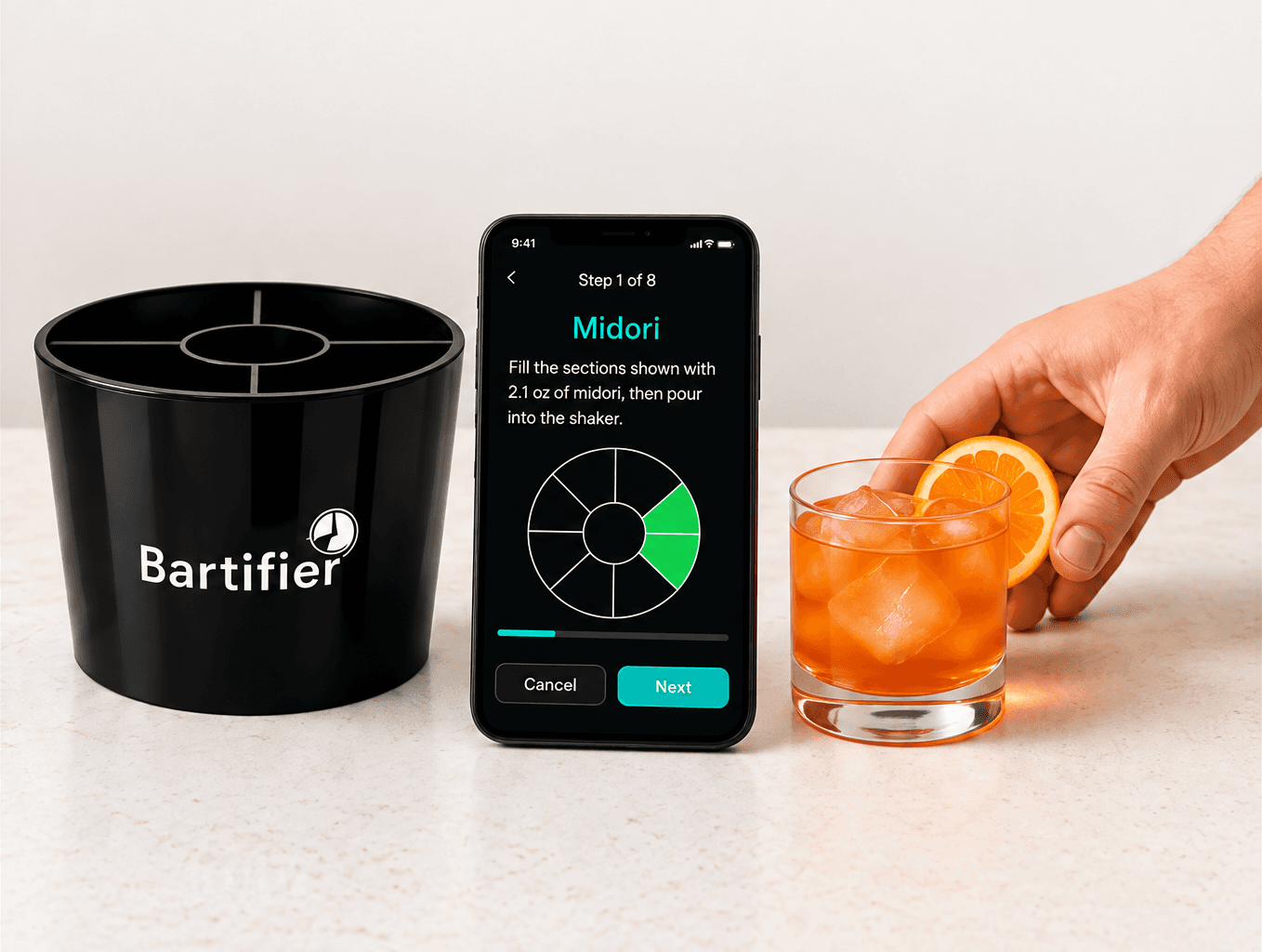 Bartifier device, guided app screen and a finished orange drink