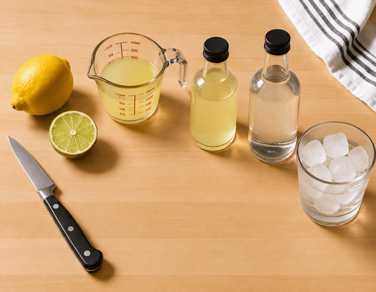 Cocktail ingredients prepared on a wooden worktop