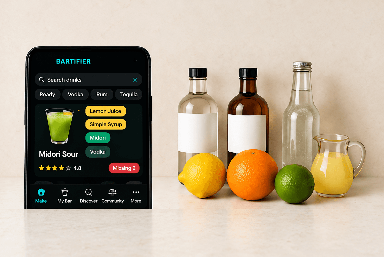 Bartifier ingredient list beside bottles, citrus fruit and juice