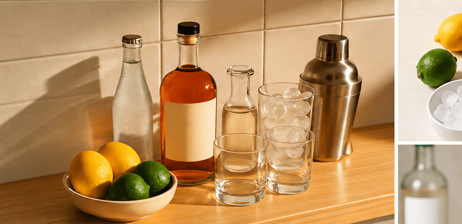 A manageable group of bottles, citrus, glasses and cocktail supplies