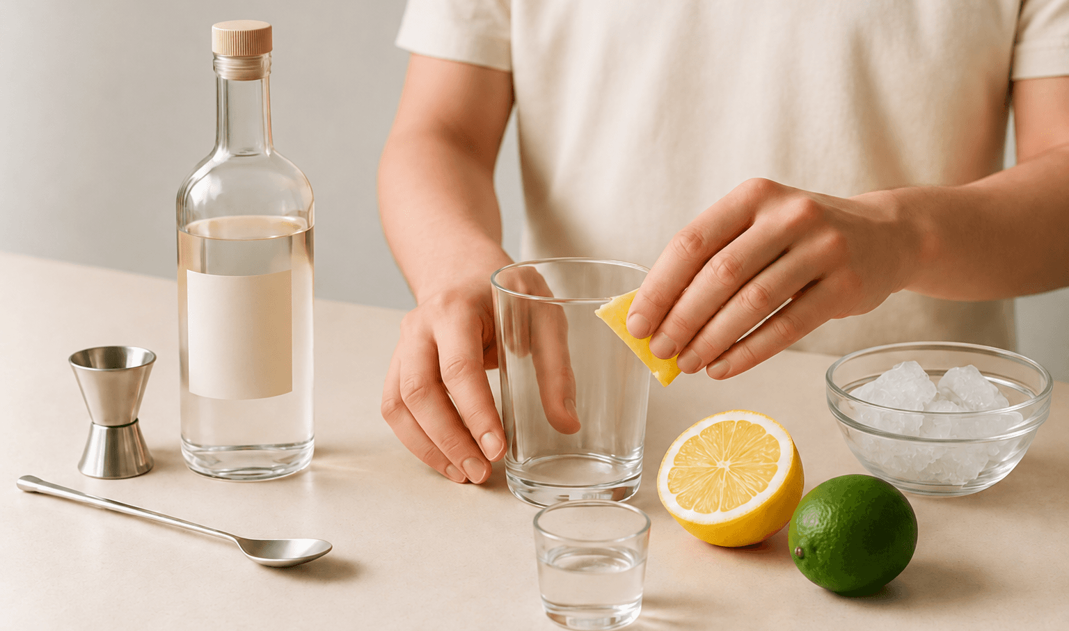 Cocktail ingredients and tools being arranged beside a glass