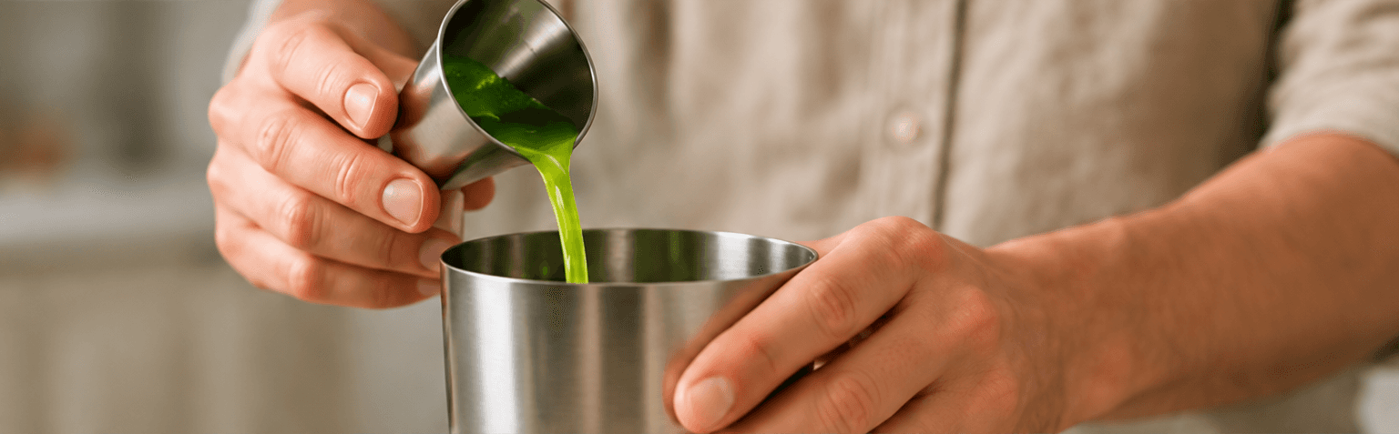 A green cocktail ingredient being poured into a mixing container