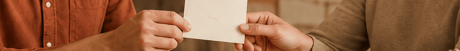 Two people exchanging a small gift card at a kitchen table