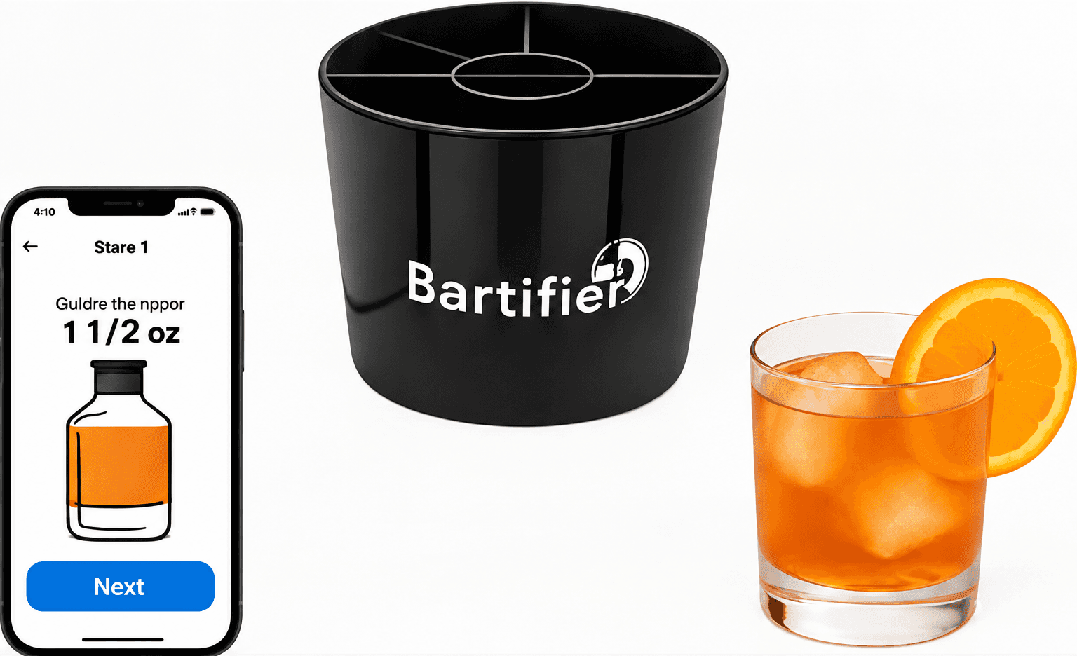 Bartifier, the app and a finished cocktail