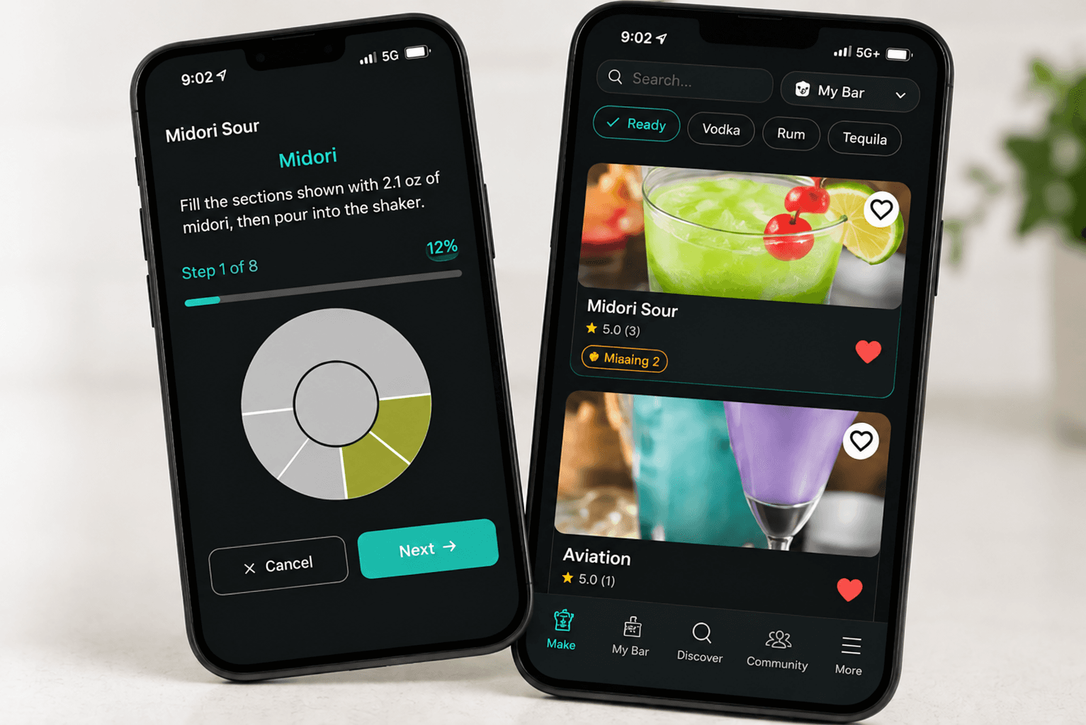 Two Bartifier app screens showing a visual quantity and cocktail choices