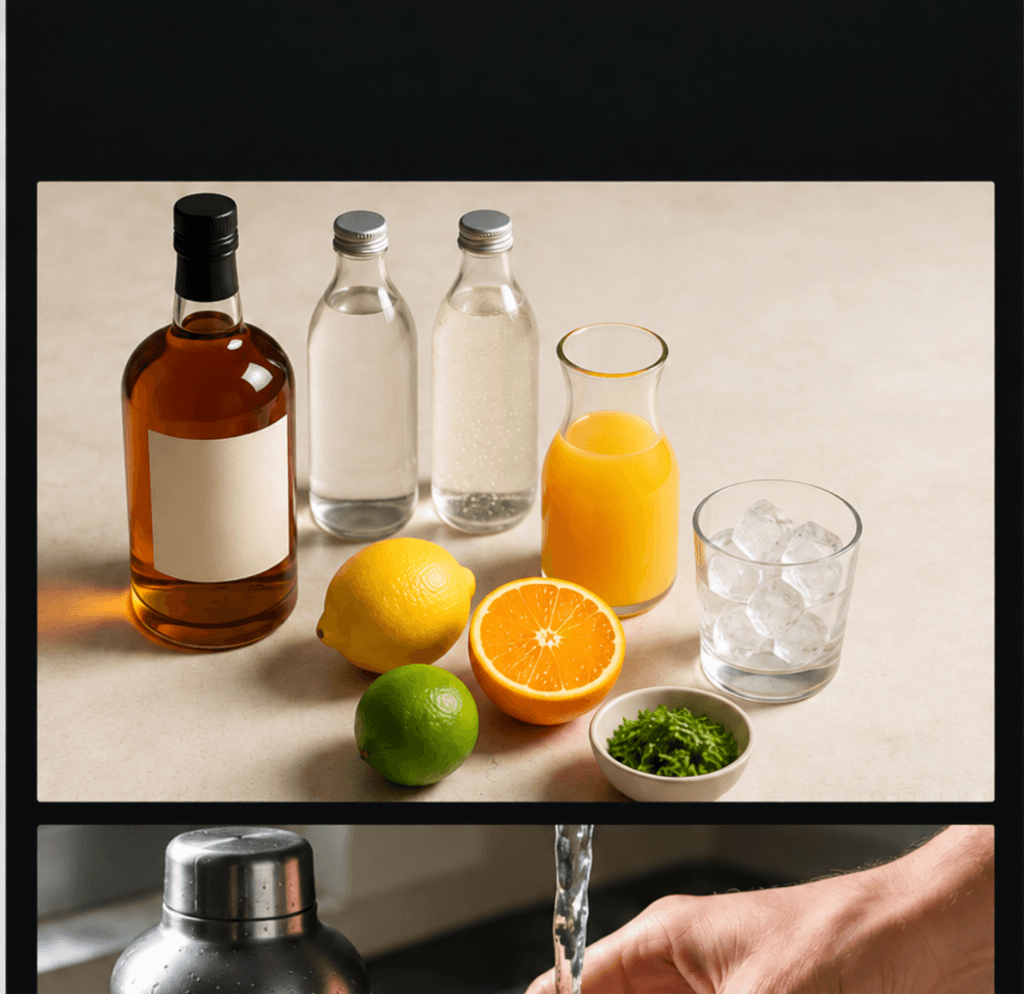 Cocktail ingredients and a quick-rinse demonstration
