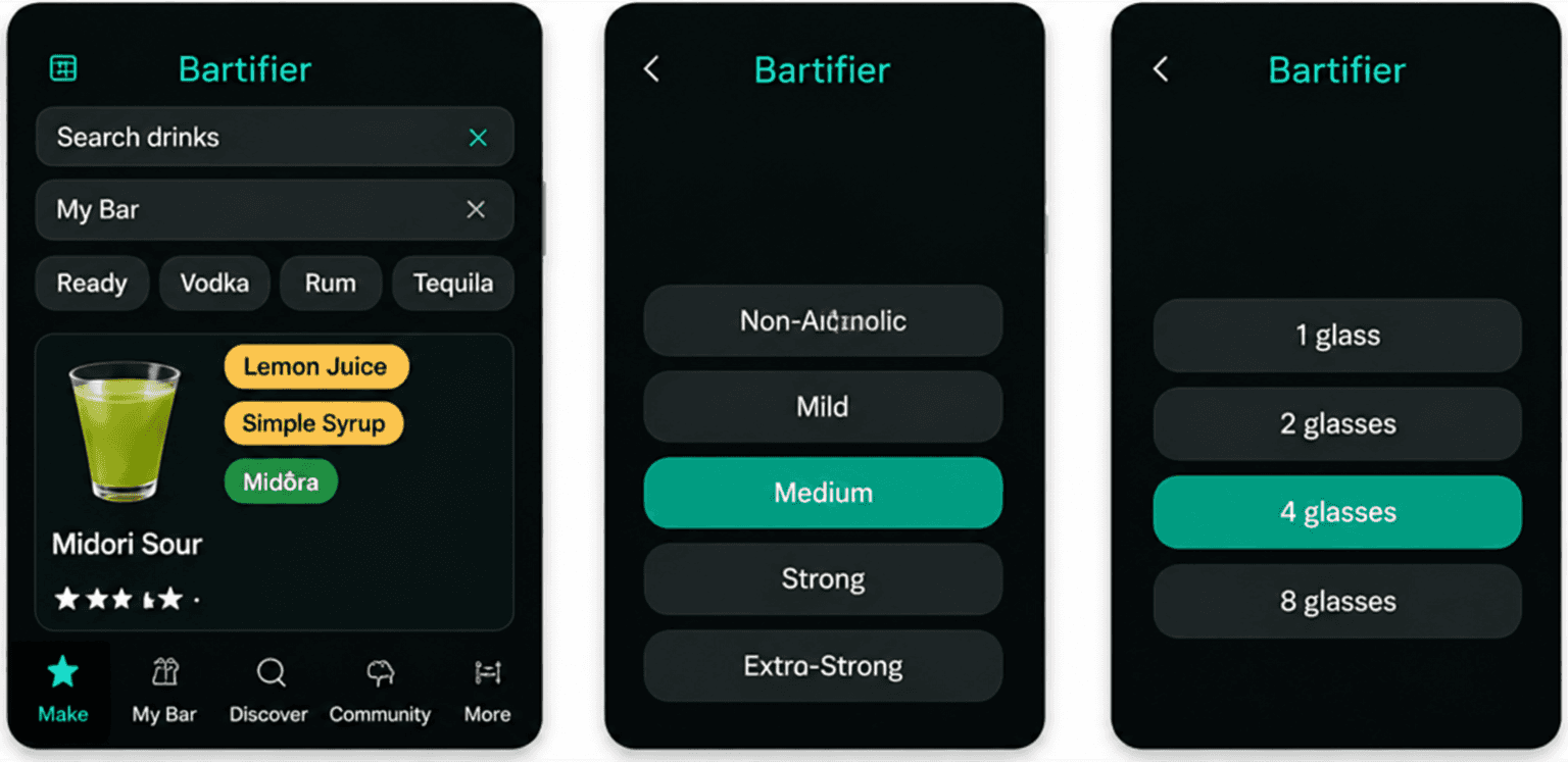 Bartifier screens for choosing a drink, strength and number of glasses
