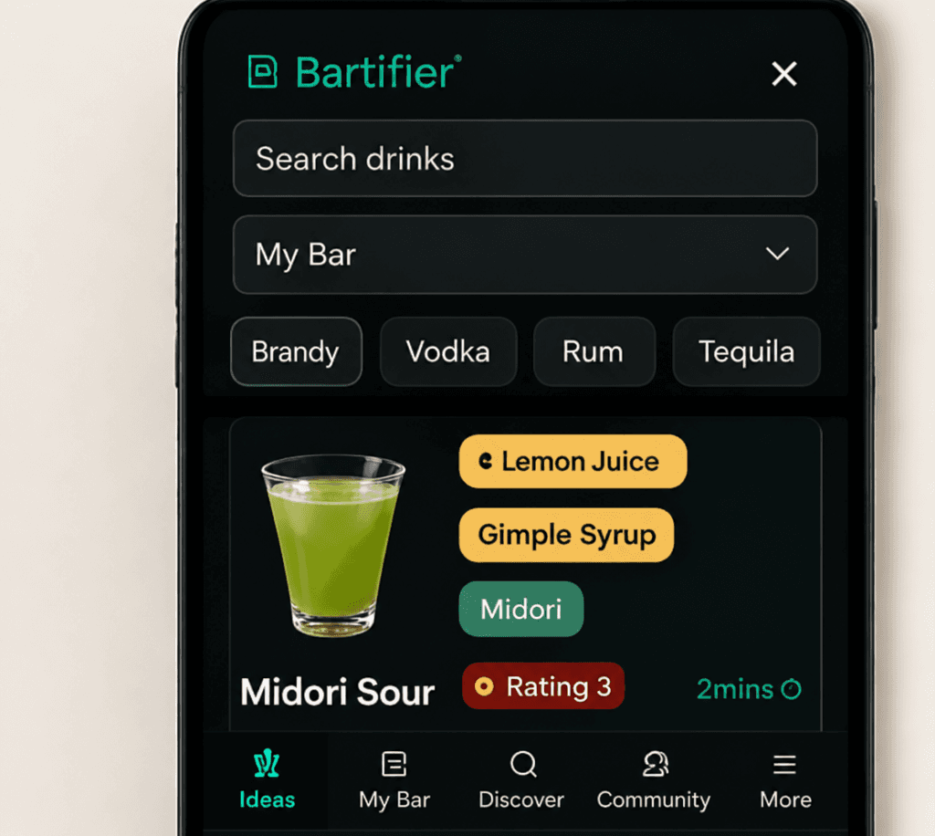 Bartifier app showing suitable drink choices