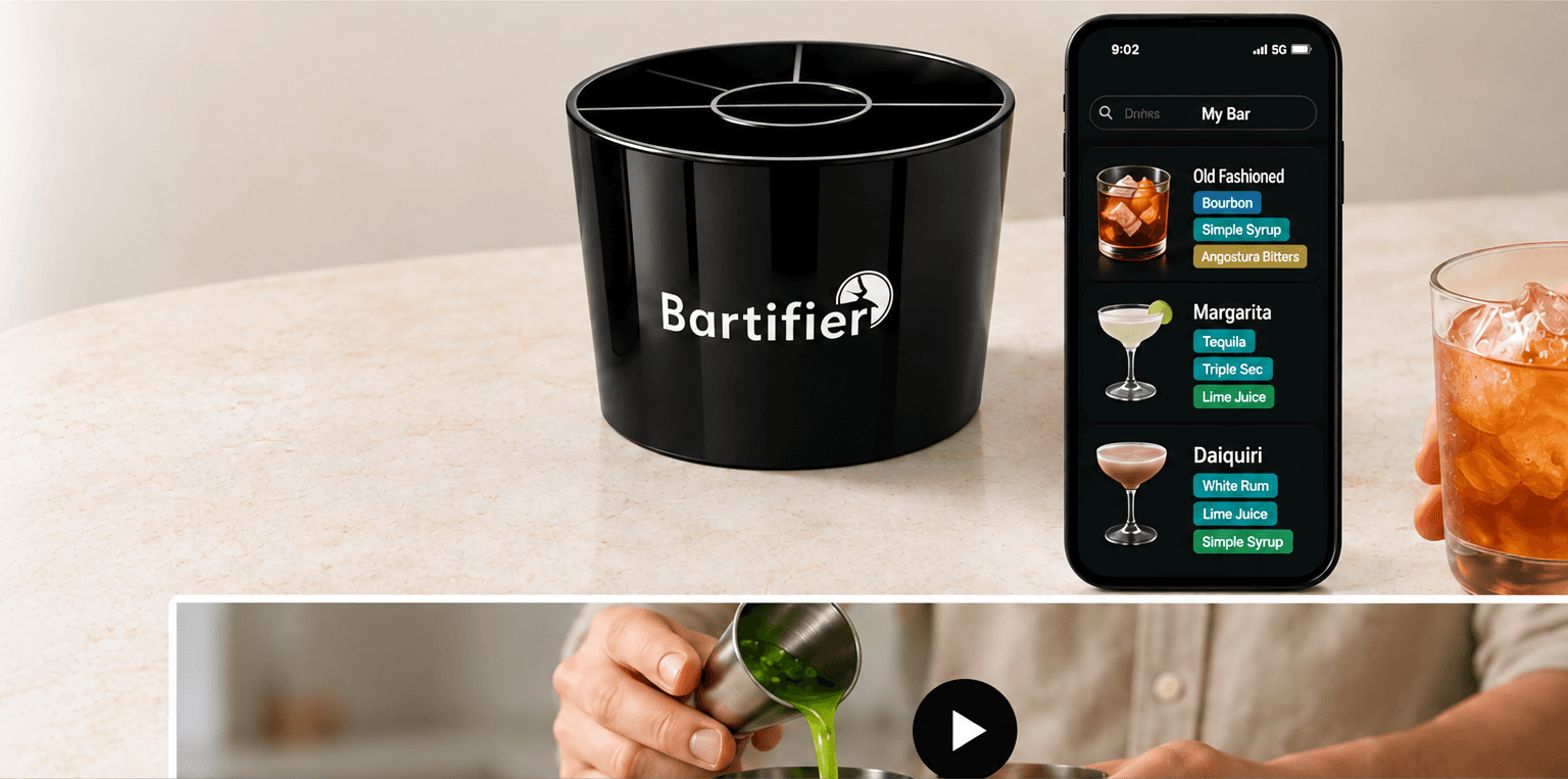 Bartifier measuring caddy beside the Bartifier app