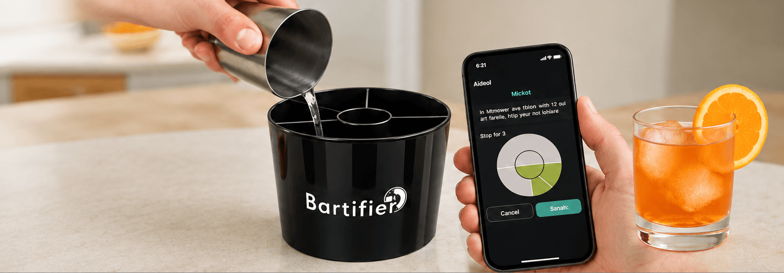 Bartifier device beside a phone showing a guided cocktail step and a finished orange drink