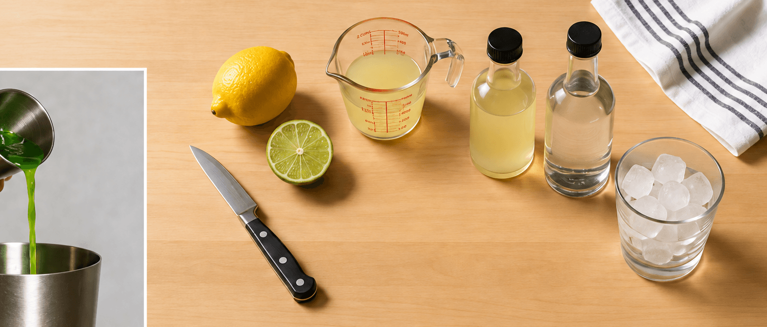 Citrus, measuring glass, bottles, knife and ice on a wooden counter