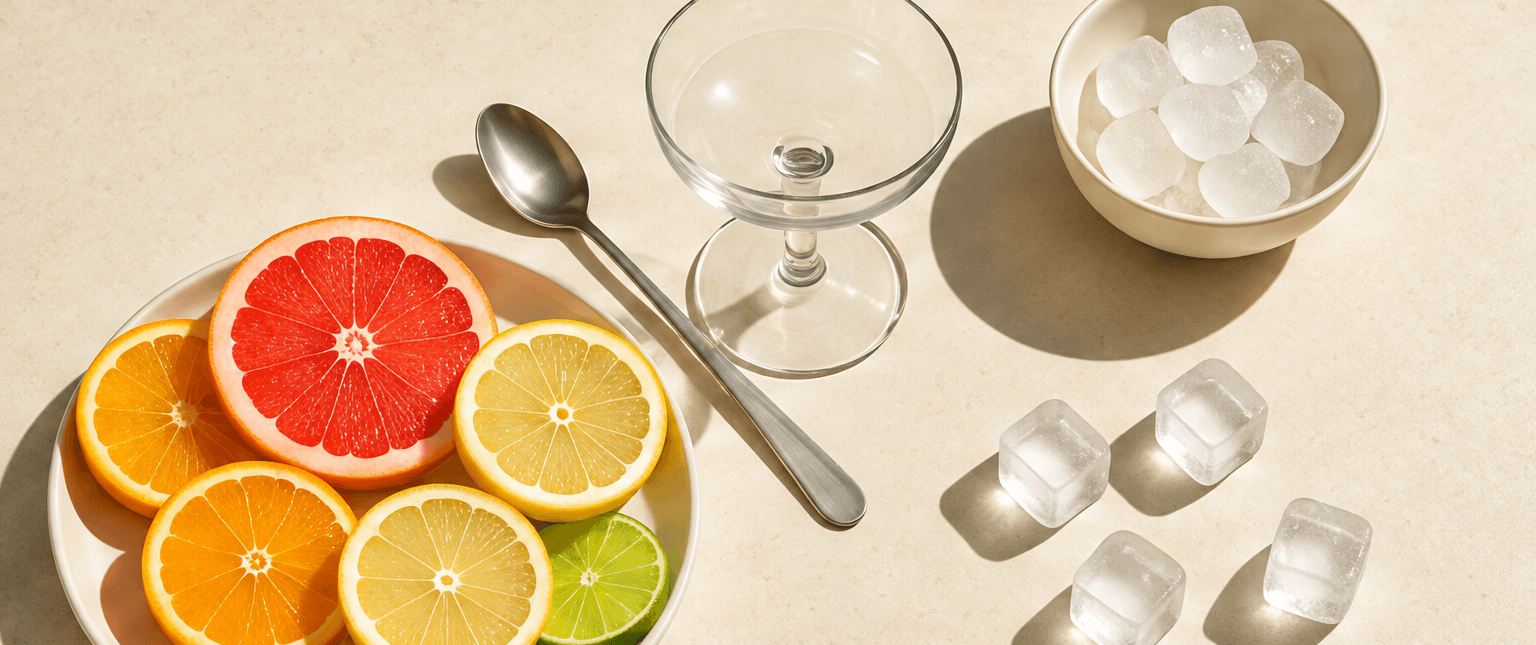 Citrus fruit, ice, a glass and a spoon arranged for drink preparation