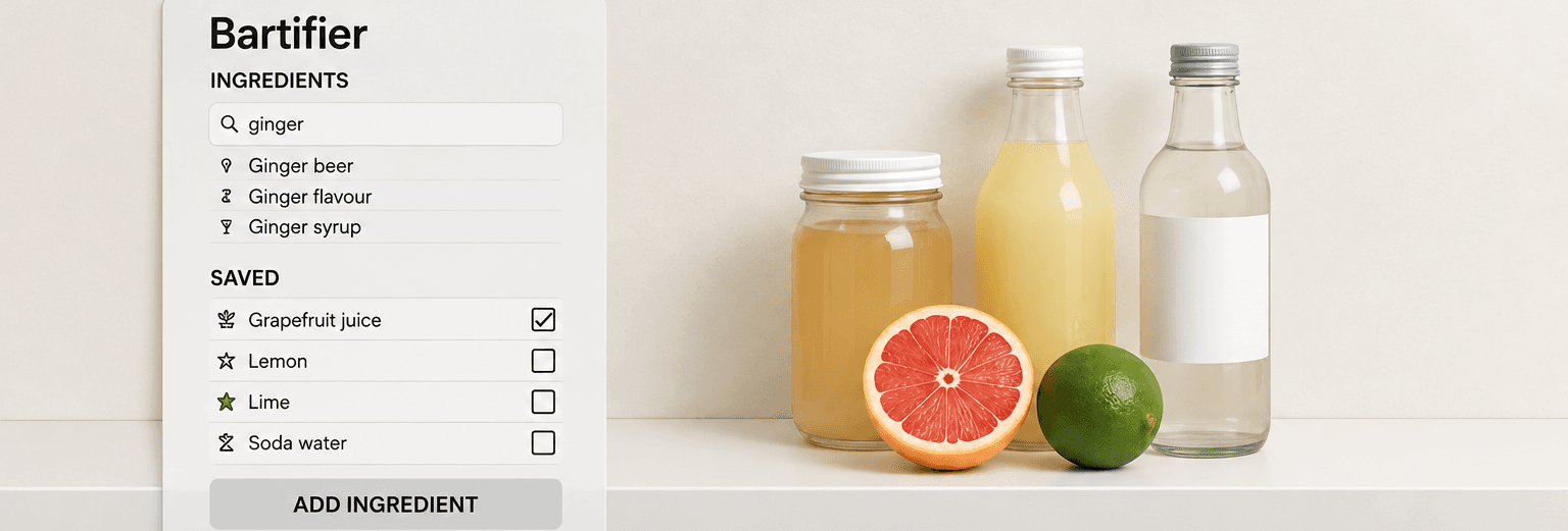 Bartifier ingredient list beside bottles, citrus fruit and juice