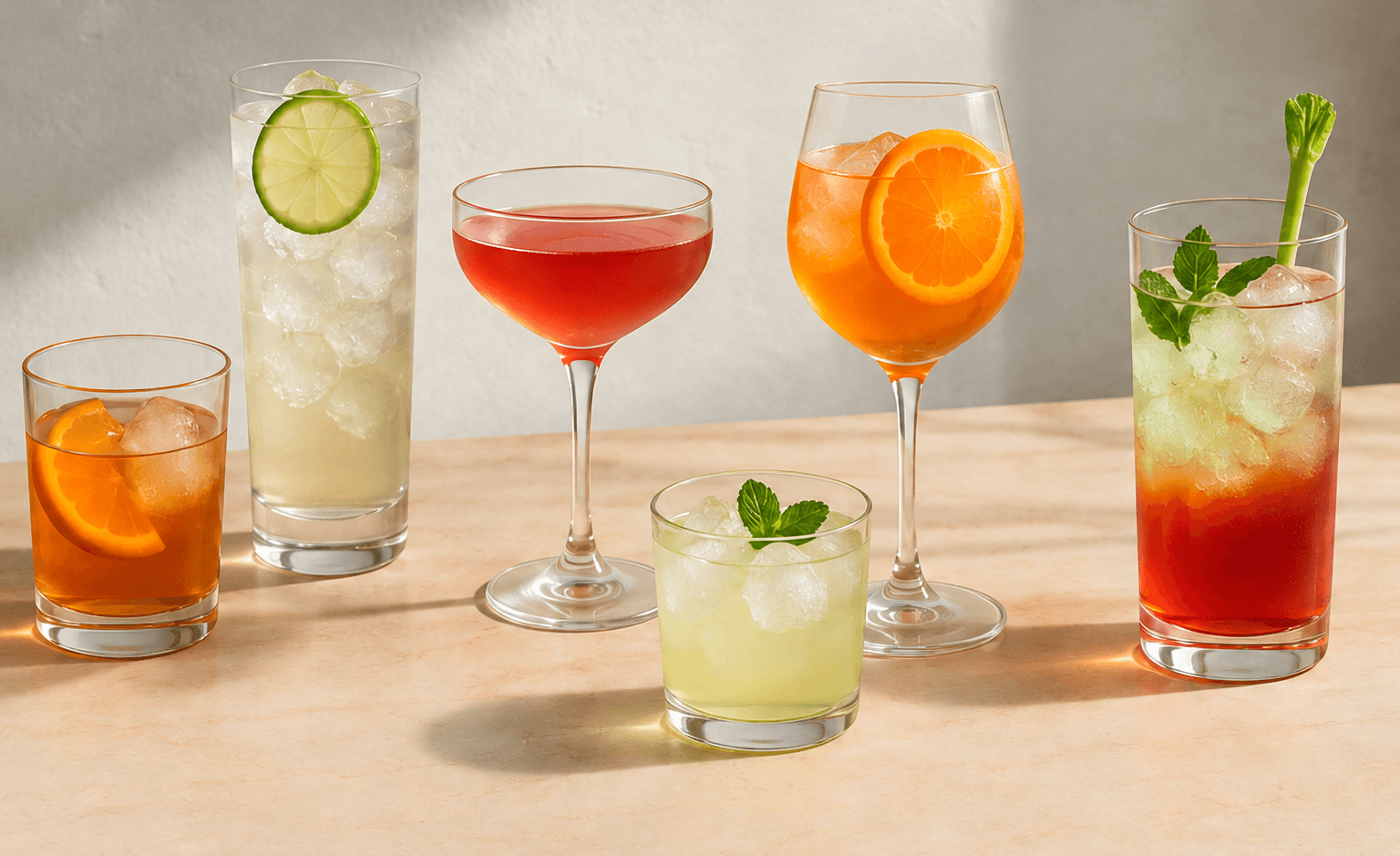 A selection of colourful finished cocktails