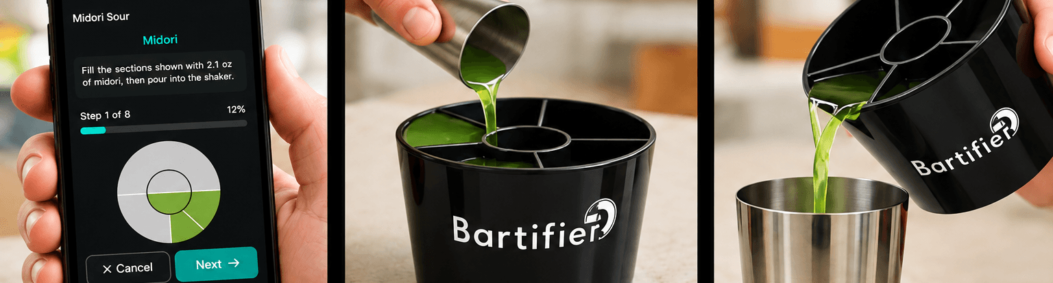 Three stages showing an app instruction, measuring with Bartifier and pouring into a container