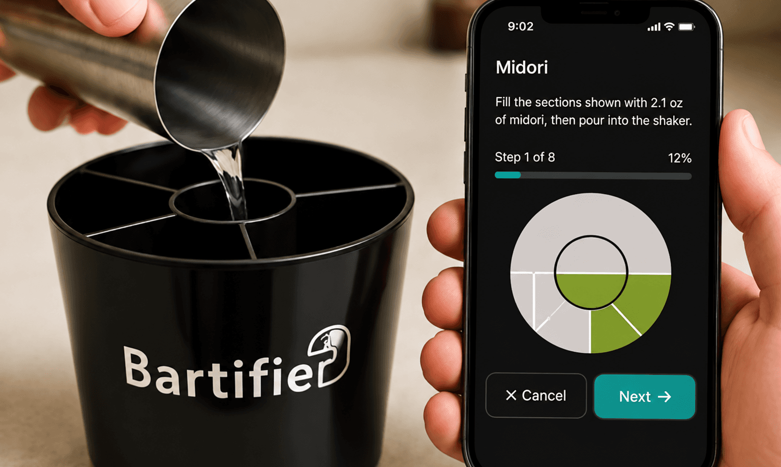 Bartifier beside a phone displaying the current guided measuring step