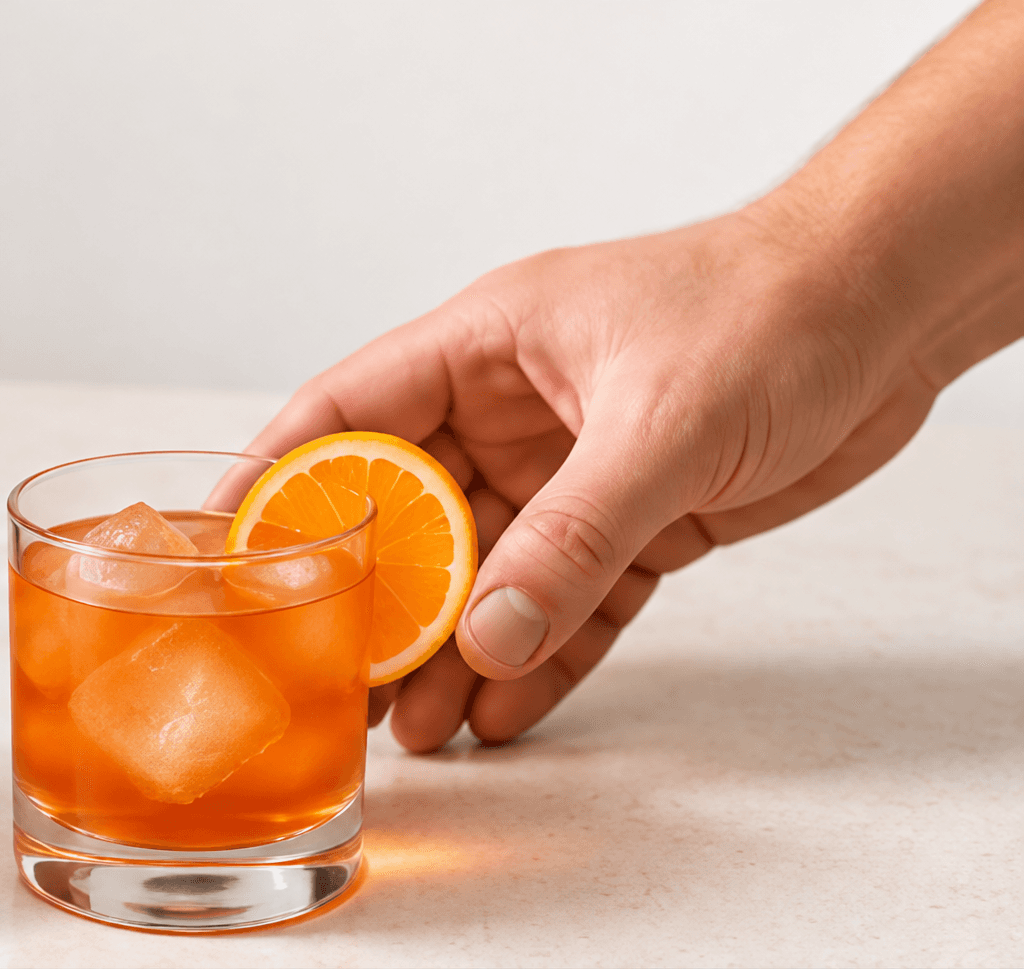 A hand placing an orange garnish in a finished drink