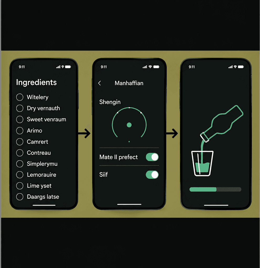 Bartifier app screens progressing from ingredients to guided pouring