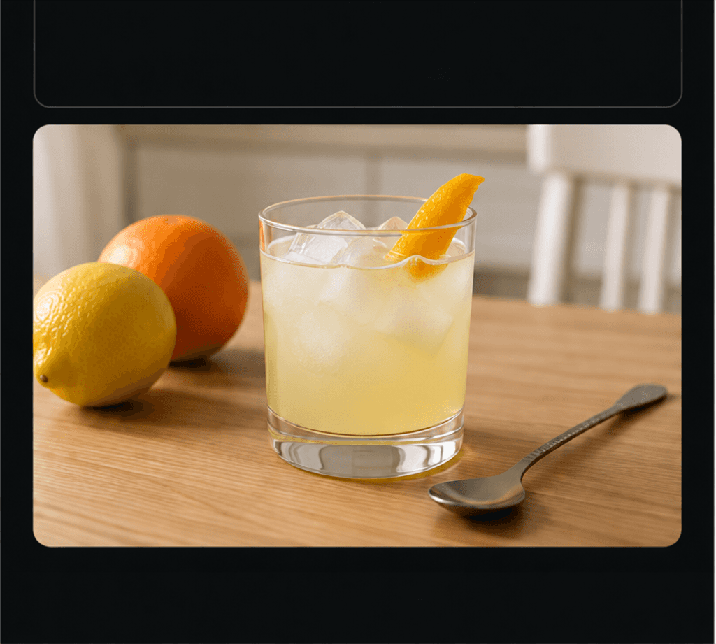 A finished citrus drink on a home counter