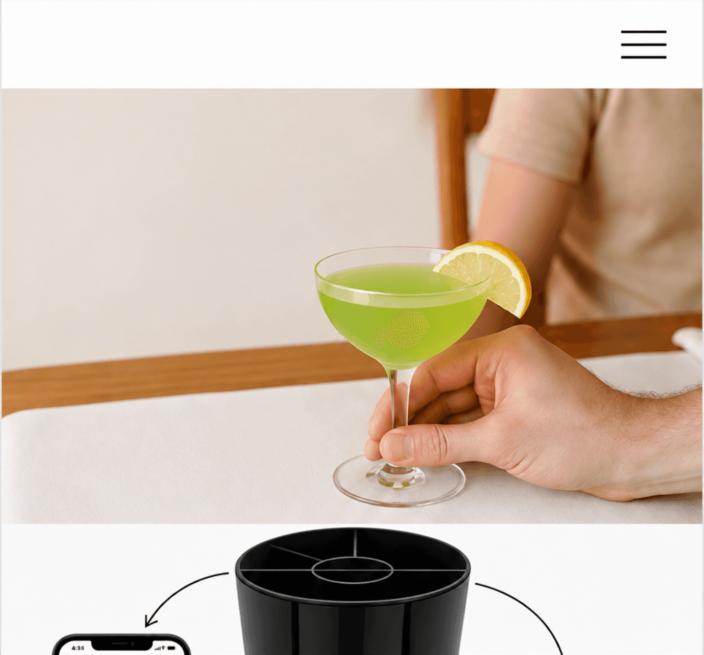 A person serving a green cocktail at home