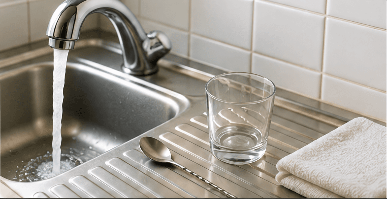 Bartifier being rinsed beside a sink, glass, spoon and clean towel