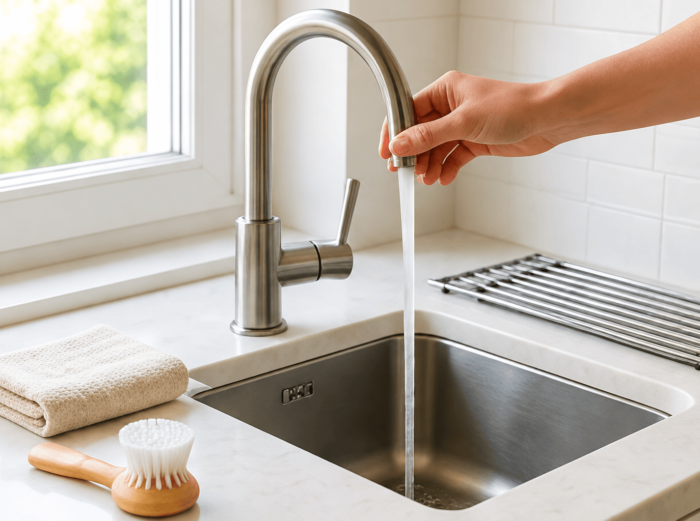 A clean kitchen sink prepared for rinsing drink-making equipment