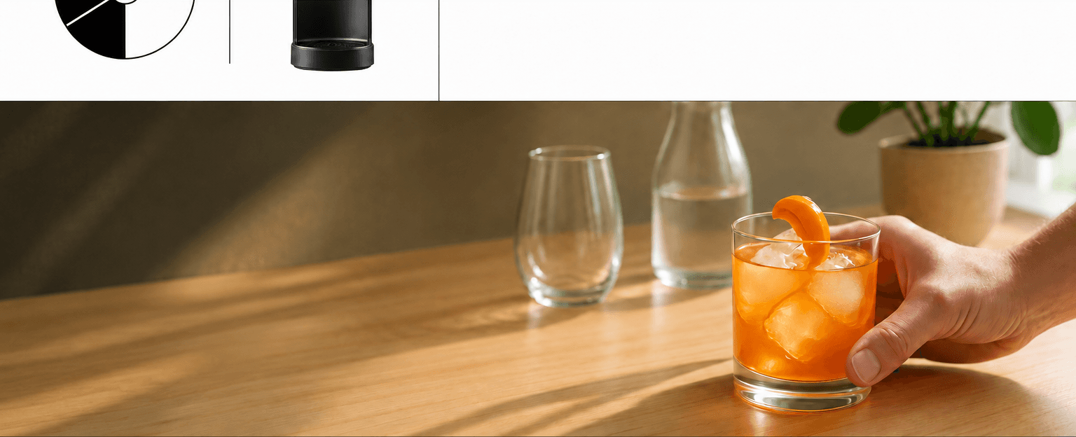 An orange cocktail being placed on a home bar