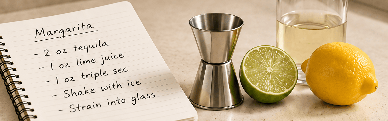 A handwritten cocktail recipe with a measure and citrus