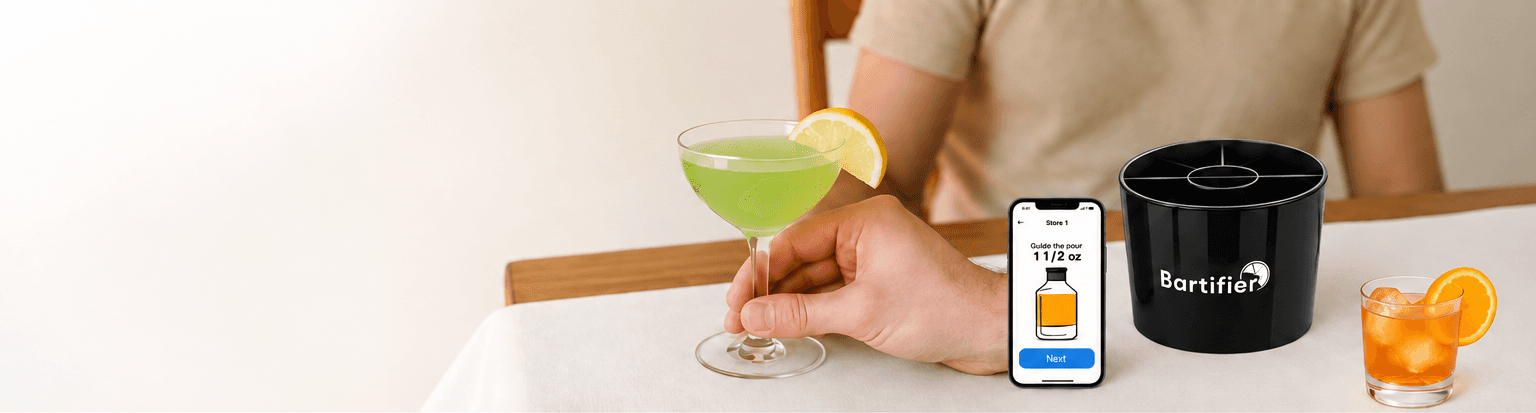 Bartifier device, guided app and cocktails arranged on a home bar